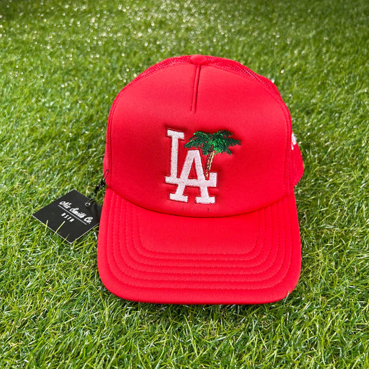 L.A. Hats, Palm Tree, L.A, Hats, Trucker. Style, Snapback, Men, Boys, Teens, Gifts, White, Red, Wmns, Girls, Red Hat, Nix Smith Co, Urban